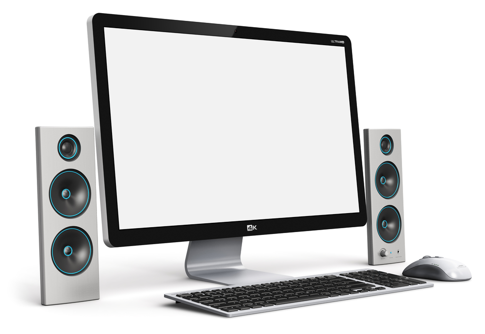 创意抽象办公业务技术通信互联网概念现代专业台式计算机PC工作站的3D渲染插图带有空白屏幕或空显示器键盘鼠标和多媒体无线音频立体声扬声器隔离在白色背景上